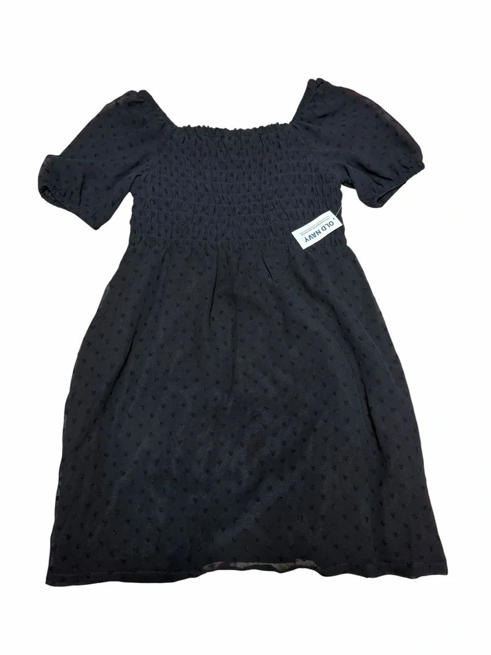 NWT Old Navy Girls Chiffon Puff-Sleeve Smocked Clip-Dot Dress | Black |‎ Small